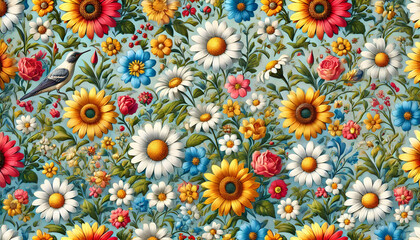 Vibrant Floral Pattern Featuring Sunflowers, Daisies, and Colorful Blooms with a Bird on a Soft Blue Background
