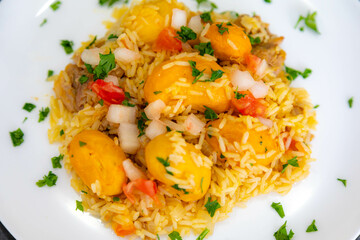 Traditional Brazilian dish rice, chicken and pequi (caryocar brasileinse) known as galinhada goiana