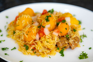 Traditional Brazilian dish rice, chicken and pequi (caryocar brasileinse) known as galinhada goiana