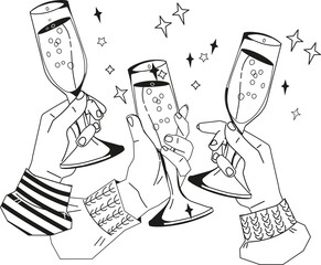 Special moments and holiday celebration with a toast and clinking glasses with friends and loved ones, line  illustration. Human hands raising glasses with alcohol.