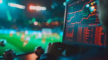 A person monitors sports data on a computer screen while observing a vibrant soccer match in the background.