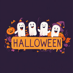 cartoon-style banner text Halloween, for children, kindergarten school, with playful pumpkins and friendly ghosts