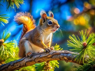 Obraz premium Squirrel on Pine Tree Branch - Captivating Drone Photography of Wildlife in Natural Habitat