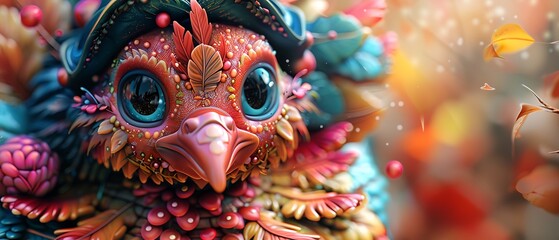 Fototapeta premium Vibrant fantasy bird with intricate feather patterns and lively colors in a magical natural setting