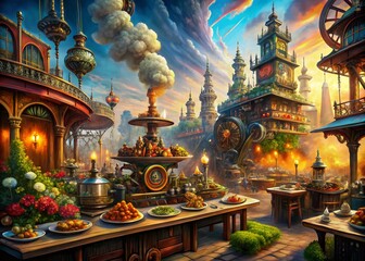 Steampunk Cityscape: A Whimsical Journey Through Time and Innovation in Food Photography