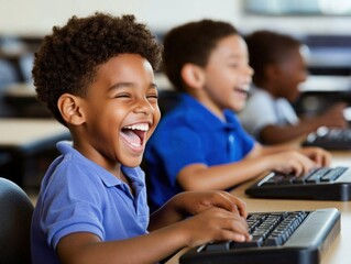 Joyful children engaged in computer learning with laughter and fun in classroom setting