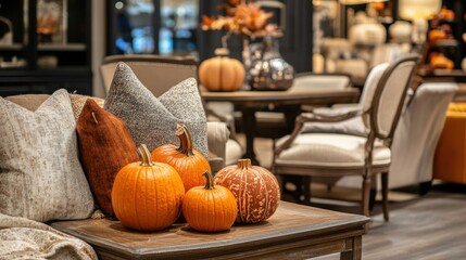 Furniture showroom with homeware in autumn decoration, special Thanksgiving sale offer