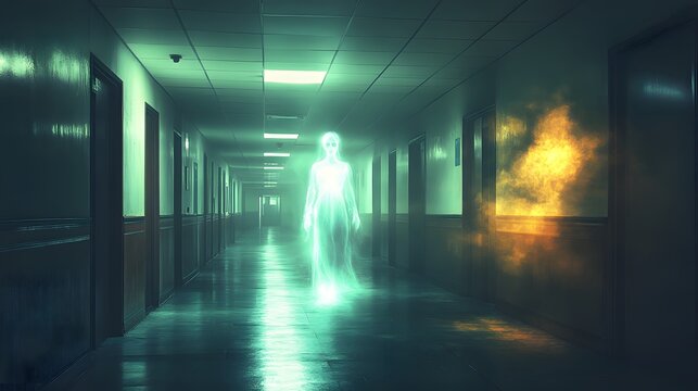 Ghostly Figure Haunting a Dimly Lit Corridor