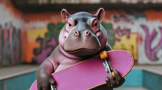 A cool hippo takes on the skate park unleashing fun with a pink skateboard in a colorful urban setting