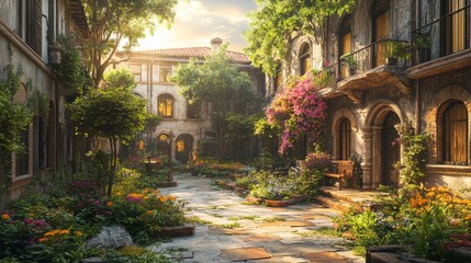 Obraz premium Serene Courtyard Garden with Lush Greenery and Blooming Flowers in a Historic Mediterranean Setting