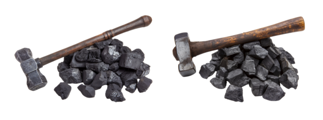 Pieces of coal with sledge  hammer isolated on transparent background cutout png