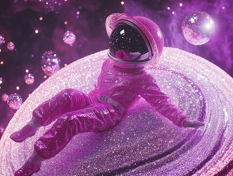 woman in pink cosmonaut suit scafander covered with sparkling diamonds floating on sparkling planet Saturn in space 