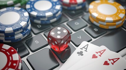 A close-up of poker chips, a red die, and playing cards on a keyboard, symbolizing online gambling.