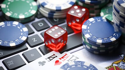 A close-up of poker chips, dice, and playing cards on a keyboard, depicting a gambling scene.