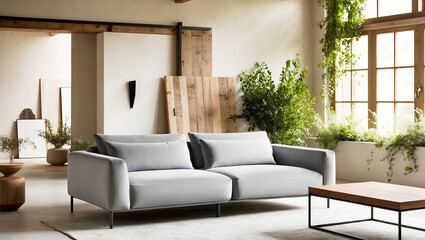 Modern living room with light gray sofa, wooden coffee table, and indoor plants