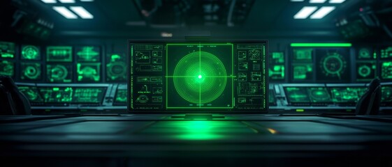 Fototapeta premium Futuristic control room interface featuring green digital displays.