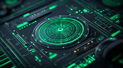 Futuristic radar display with green glow on black background.