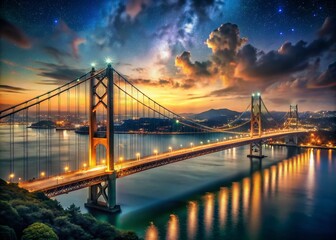 Fototapeta premium Stunning Aerial View of a Suspension Bridge Illuminated at Night for Captivating Cityscapes and Drone Photography