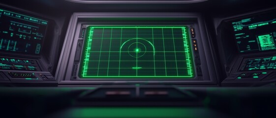 Futuristic radar display in dark control room with green screen, technological interface.