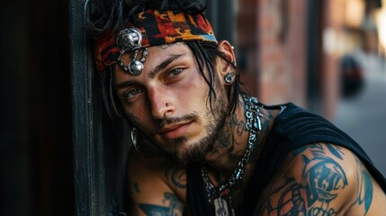 Obraz premium An individual with visible tattoos and piercings expressing their style