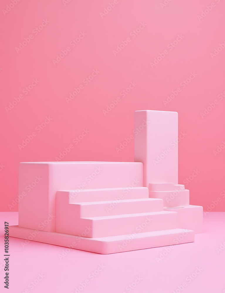 Poster a 3d render showcases a geometric display stand with a vibrant pink background for presenting beauty