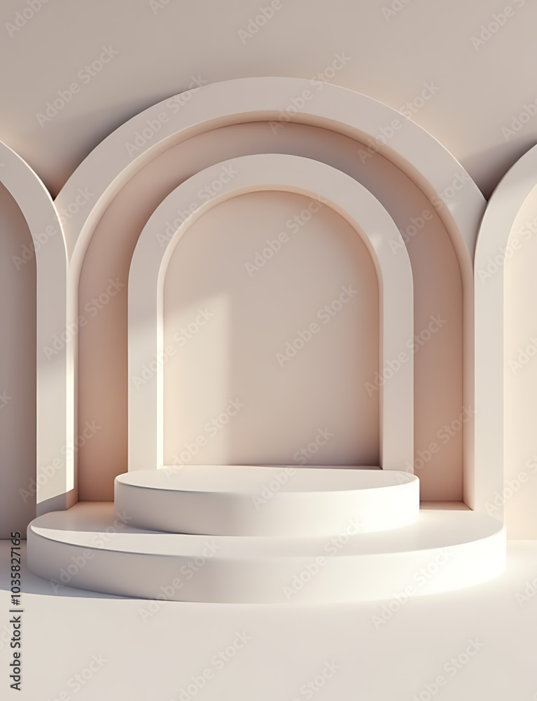 Poster A 3D rendered podium with arches stands behind a product display area.