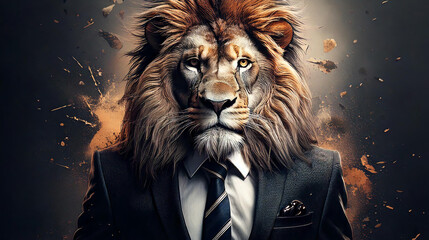 A whimsical illustration of a businessman with a lion head, blending professionalism with playful...