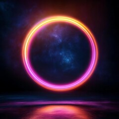 Floating time ring, bright neon, dark sci-fi backdrop, cosmic glow