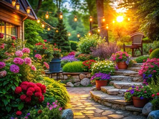 Stunning Backyard Stone Landscaping with Bokeh Effect for Relaxing Outdoor Spaces