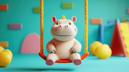 Obraz premium Whimsical hippo character enjoying playtime on a colorful swing in a vibrant playroom environment