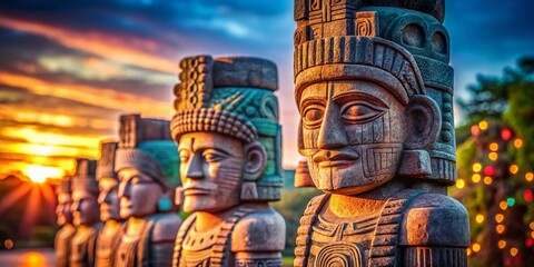 Stunning Bokeh Effect on Toltec Sculptures in Tula, Mexico - Ancient Artistry and Cultural Heritage
