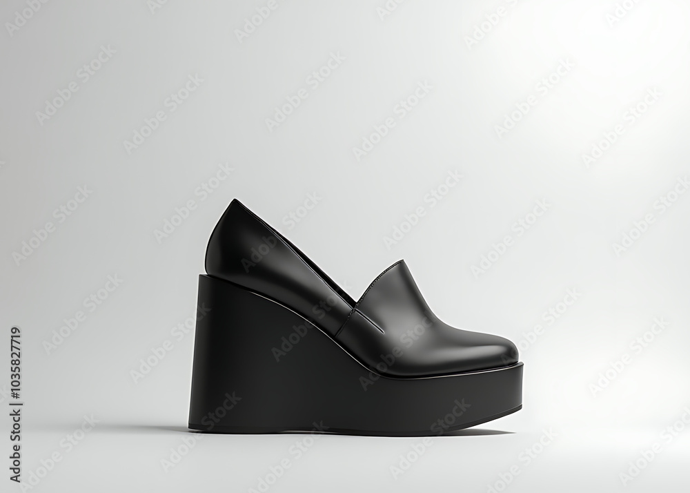 Poster A black platform shoe stands out against a simple white and grey background design.