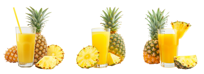 Pineapple juice in glass with straw and pineapple isolated on a transparent background, Cut out PNG