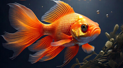 Fototapeta premium A vibrant goldfish gracefully swimming, showcasing its shimmering scales and lively personality. This enchanting image is perfect for projects related to nature, pets.