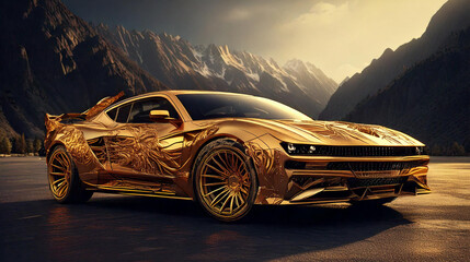 A stunning gold car that exudes luxury and sophistication, showcasing sleek design and elegance on the road. This eye-catching image is perfect for automotive marketing, lifestyle projects.