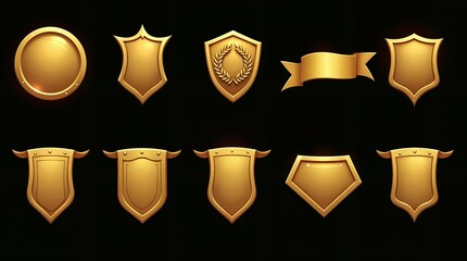 Set of Golden Shields, Awards, Badges and Ribbons for Game Design