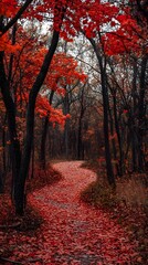 Fototapeta premium A picturesque autumn scene of trees adorned with vibrant red and orange leaves, creating an enchanting backdrop for nature lovers who enjoy walking along