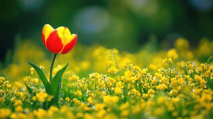Obraz premium A single red and yellow tulip stands out in a field of yellow wildflowers.
