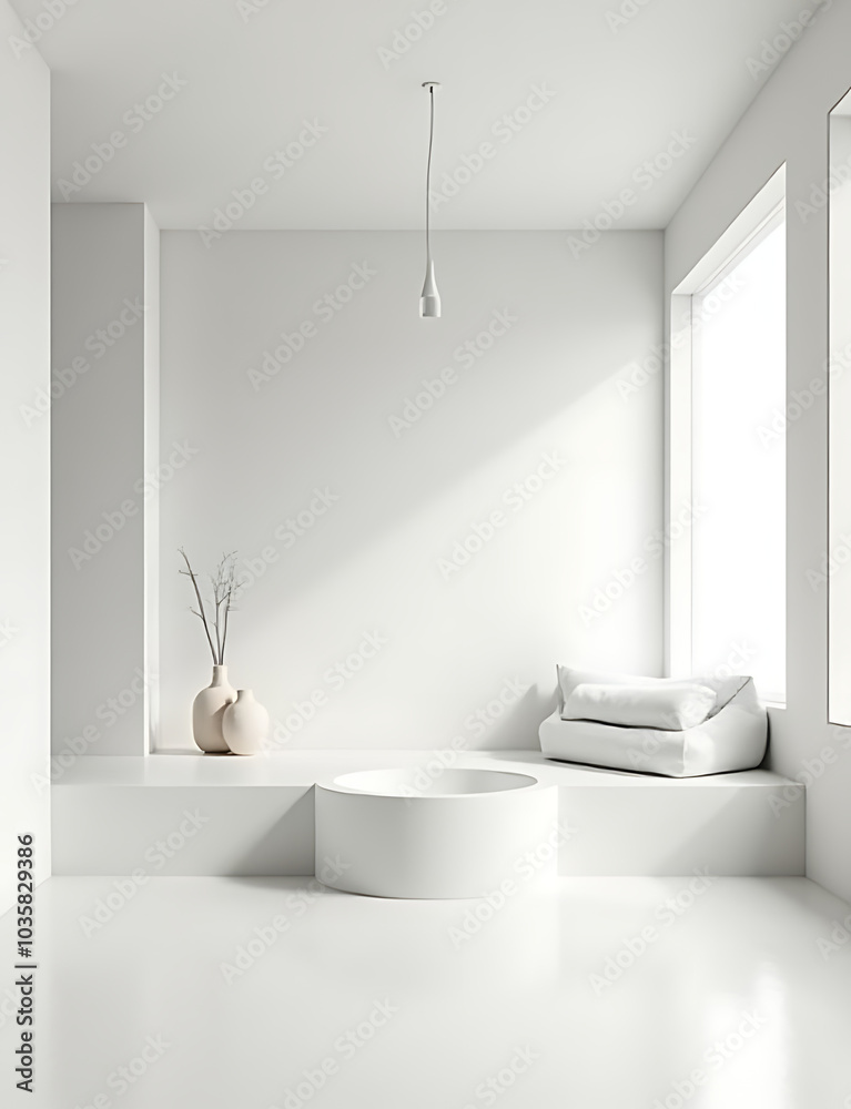 Poster a clean and minimalist interior design featuring a predominantly white color scheme.