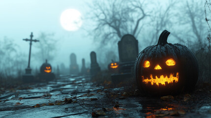 Halloween costumes with pumpkins in a misty graveyard.