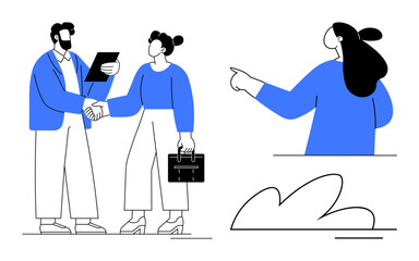 A man and a woman shaking hands while holding documents and a briefcase, with another woman pointing. Ideal for business, collaboration, teamwork, professional relationships, and communication