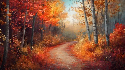 Obraz premium A picturesque autumn scene of trees adorned with vibrant red and orange leaves, creating an enchanting backdrop for nature lovers who enjoy walking along