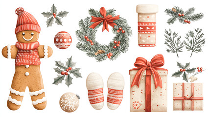 Festive Christmas elements including a gingerbread cookie, reindeer, sleigh with gifts, and a decorated Christmas tree on a transparent background for holiday designs 