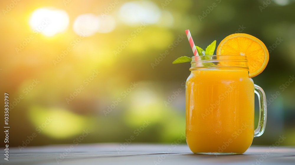 Poster Refreshing Citrus Drink in a Jar with Straw