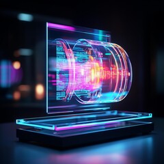 Quantum device display, floating holograms, bright light, dark room