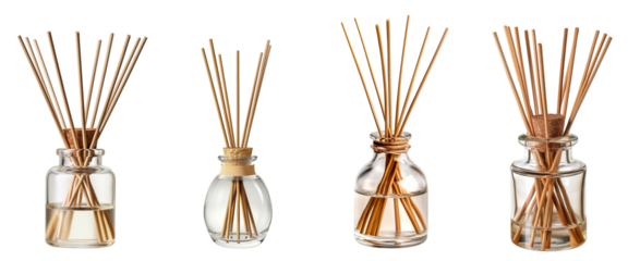 Reed diffuser in glass bottle collection isolated on a white or transparent background, Cut out PNG