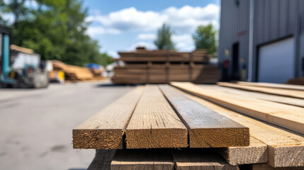 close up view of stacked lumber in outdoor yard, showcasing neatly arranged wooden planks under clear sky. scene conveys sense of industry and craftsmanship