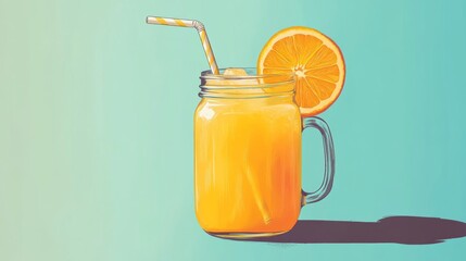 Refreshing Orange Drink in Glass Jar with Straw