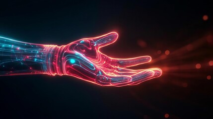 Quantum gloves, swirling energy, dark background, neon glow