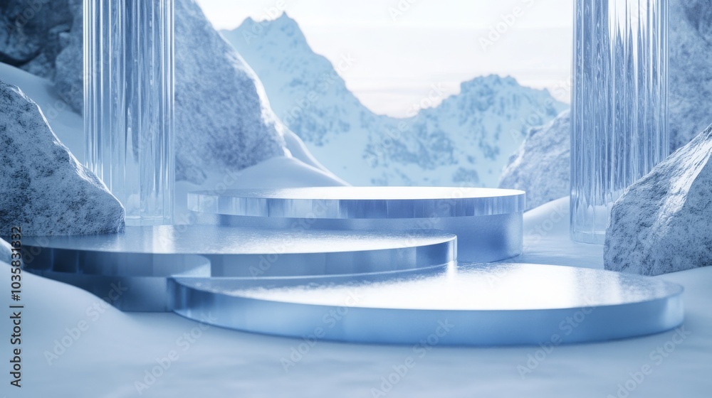 Poster the tranquil winter landscape features smooth, ice-covered platforms arranged in a tiered formation,